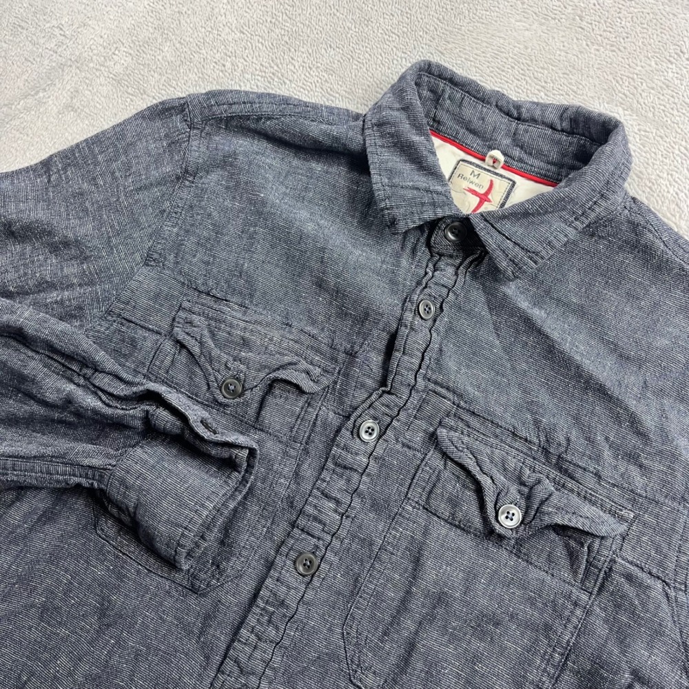 Relwen Mens Utility Linen Blend Button Down Shirt Blue Gray Long Sleeve Medium